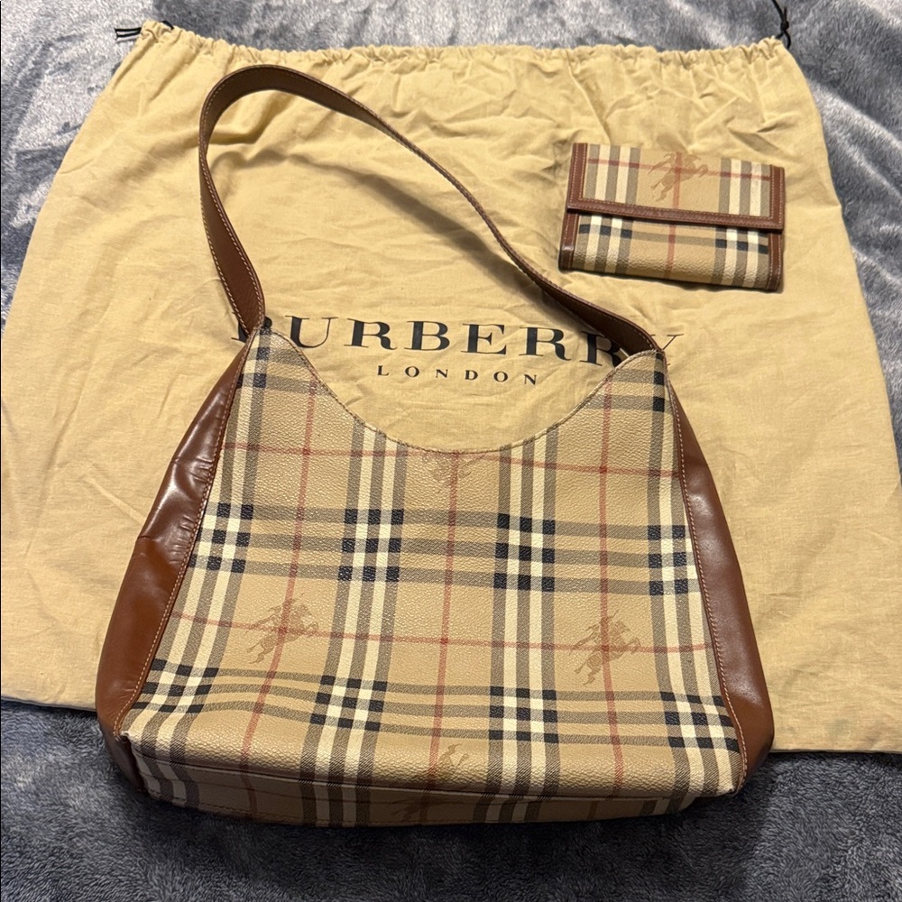 Burberry Vintage Set Beige and Brown Check Bag with Wallet & Dust bag